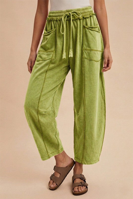MADDIE MINERAL WASH BARREL PANTS, OLIVE GREEN