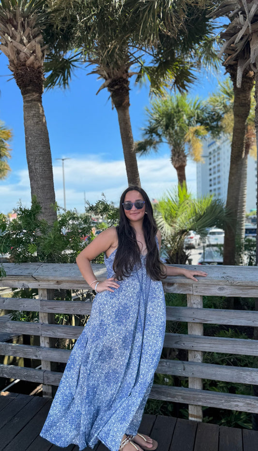 Model wearing Maddy Dress in blue