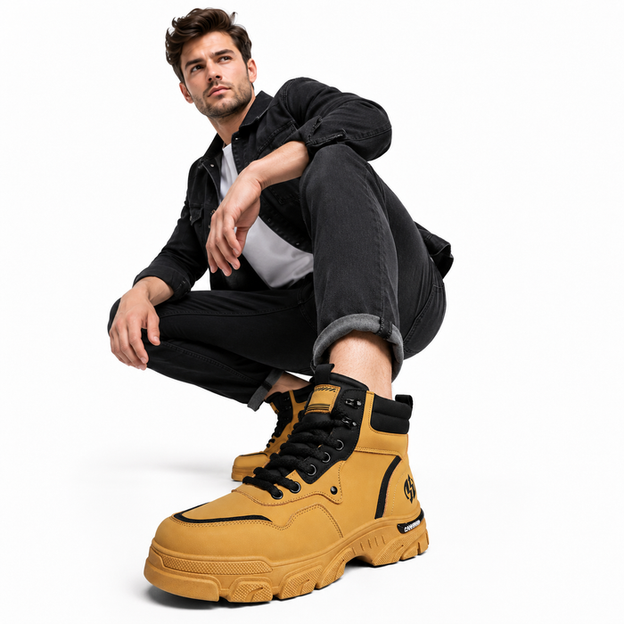 Yellow frosted leather men's combat boots with lace-up front, round toe, mesh lining, and PVC sole made for rugged daily wear
