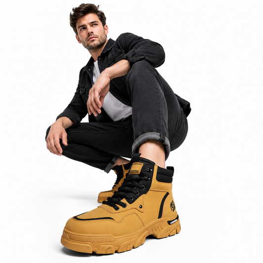 Yellow frosted leather men's combat boots with lace-up front, round toe, mesh lining, and PVC sole made for rugged daily wear