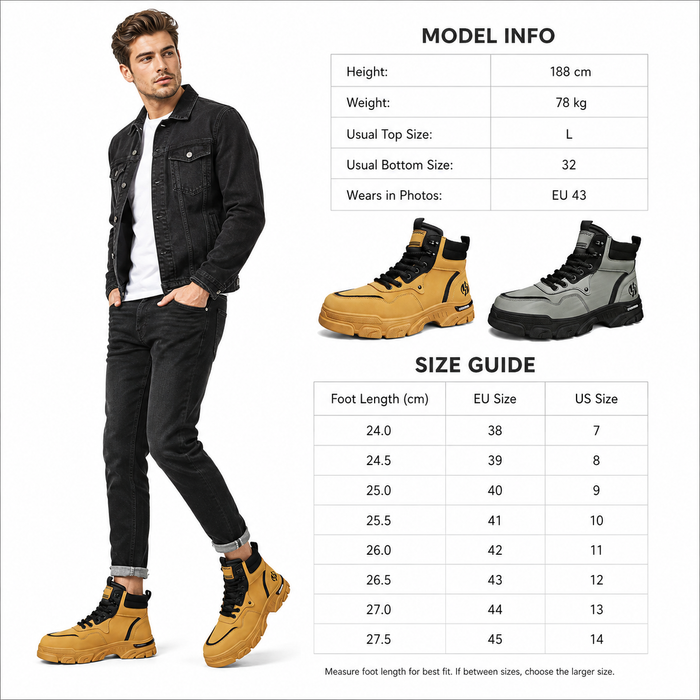 Man wearing yellow and gray boots with model information and size guide on a white background