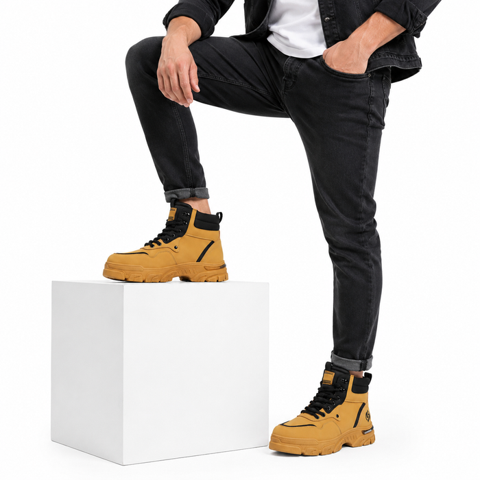 British style men's boots with frosted leather finish, lace-up closure, round toe comfort, and urban outdoor styling for men.