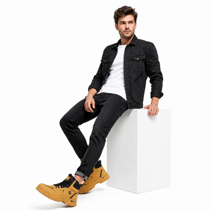 Men's lace-up combat footwear showing PVC sole grip, flat heel support, and structured mid-calf shape for everyday use daily.