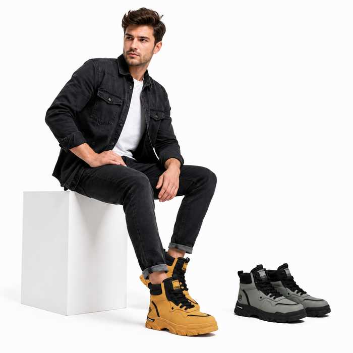 All-season men's boots with frosted leather upper, breathable interior, flat heel, and city-to-weekend styling appeal for men