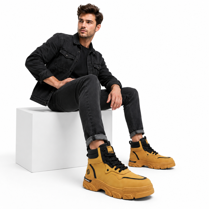 Men's rugged casual boots in British military style with lace-up fit, mesh lining, and PVC sole for steady movement and wear.