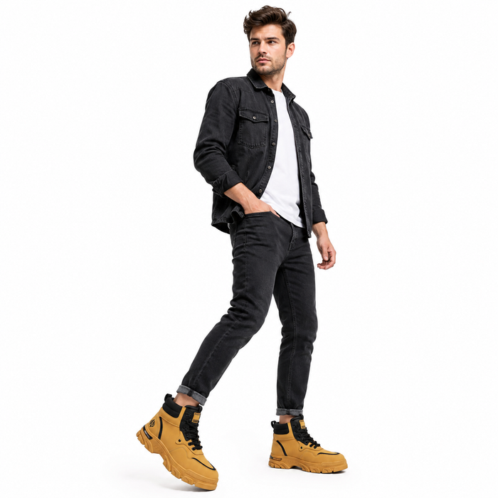 Man wearing a black jacket, white shirt, gray pants, and yellow boots on a white background