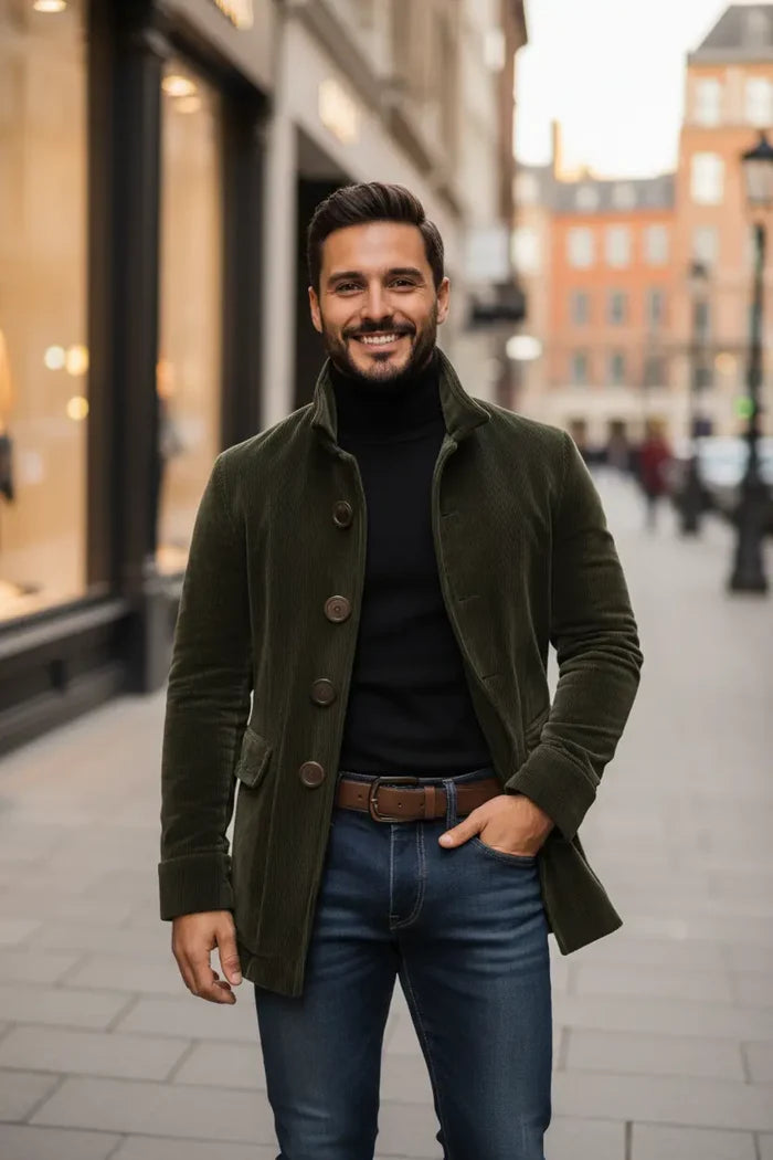 men's corduroy jacket gray corduroy side profile highlighting stand collar and straight hem for clean layering