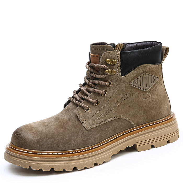 Desert Khaki men's leather boots shown worn with casual trousers, highlighting the ankle height, round toe, and lace-up style
