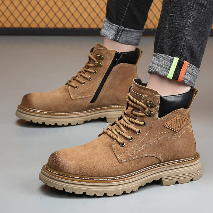 Desert Khaki men's desert boots displayed from the side, showing the leather upper, round toe, lace-up closure, and low heel.