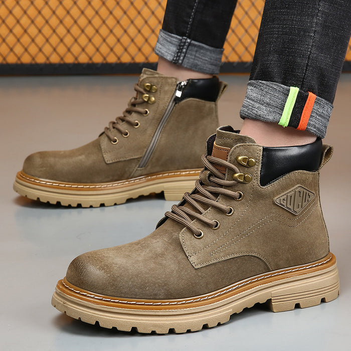 Three men's desert boot colors displayed together in Classic Brown, Desert Khaki, and Golden Yellow leather options displayed