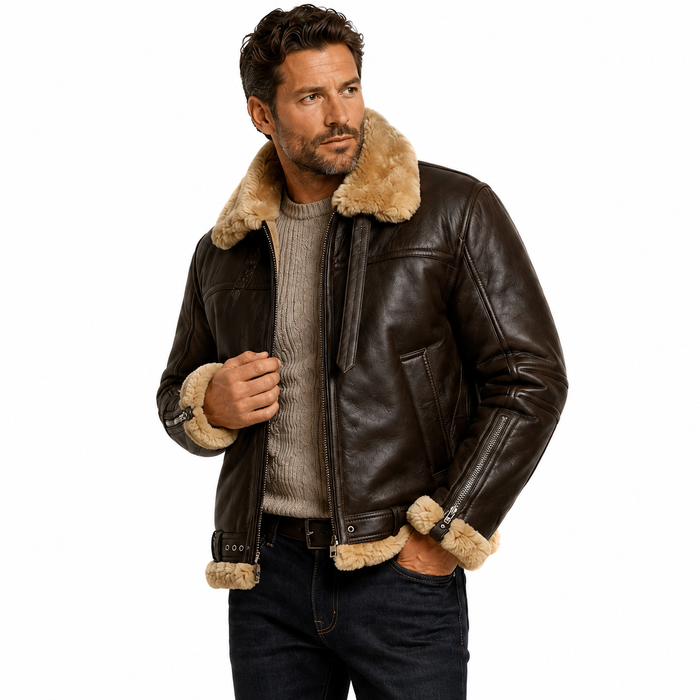 Warm faux fur lined jacket with suede-look texture and full zipper closure