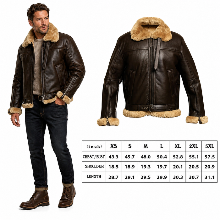Brown leather jacket with fur collar on a white background, including a person wearing the jacket and size chart.