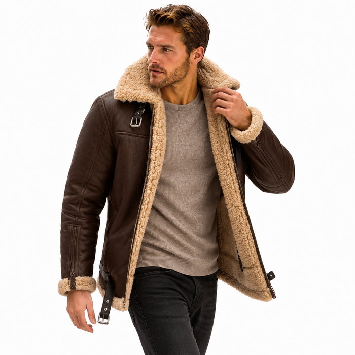 Winter suede jacket for men styled with dark jeans and casual knitwear