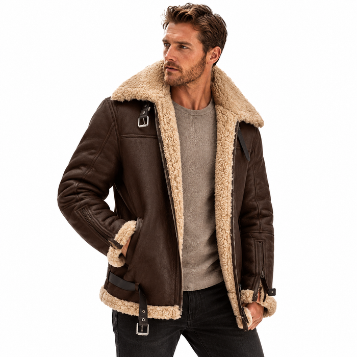 Close-up of faux leather jacket zipper, stitching and shearling-style trim