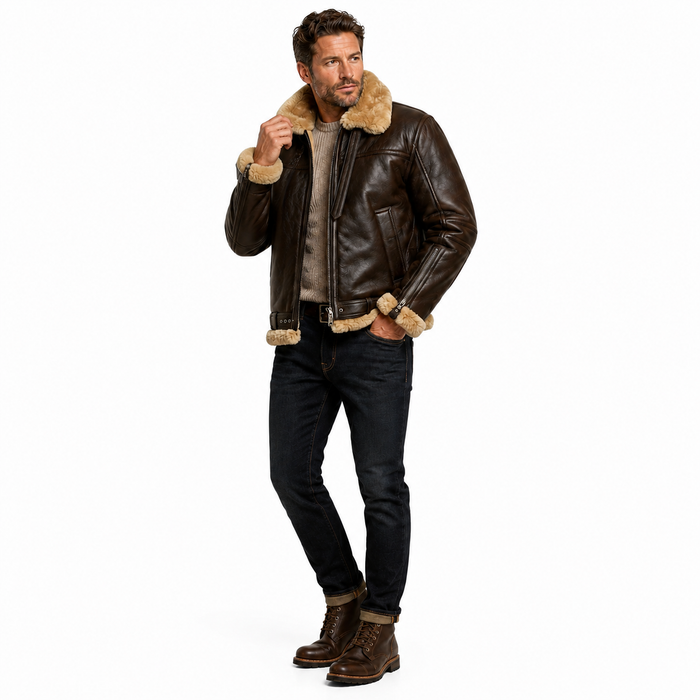 Man wearing a brown leather jacket with fur trim on a white background