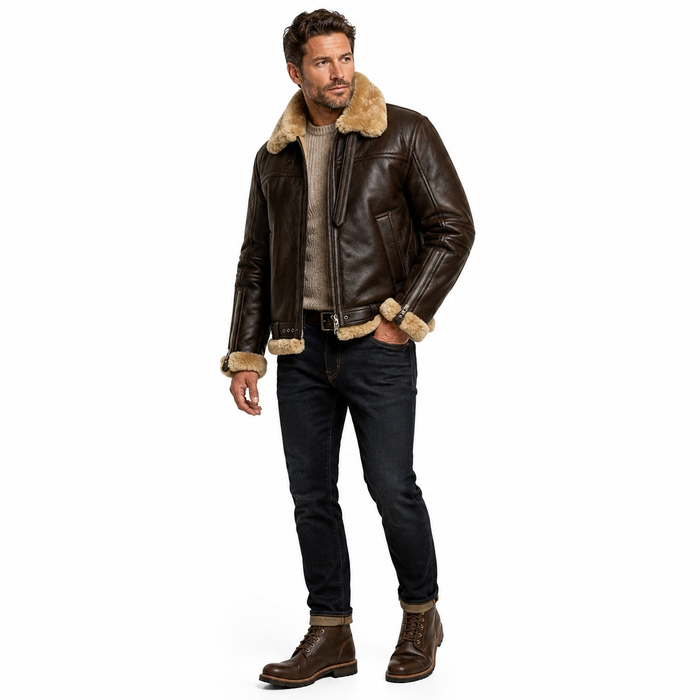 Mens winter jacket with structured collar, warm lining and rugged finish