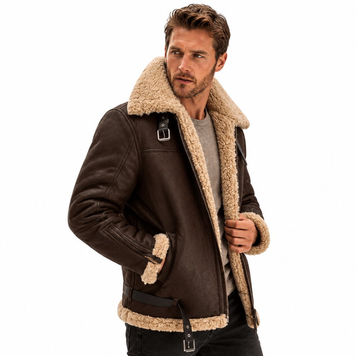 Man wearing a brown leather jacket with beige fur lining on a white background