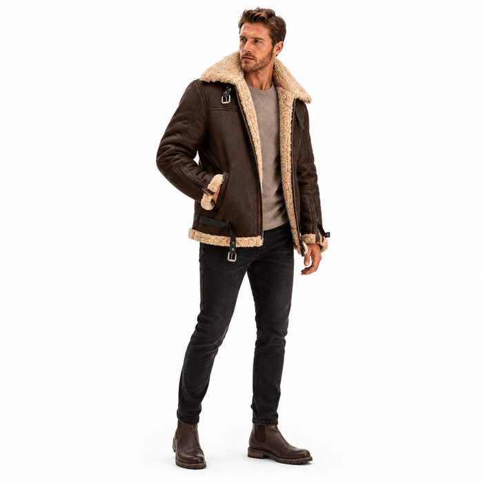 Man wearing a brown shearling jacket on a white background