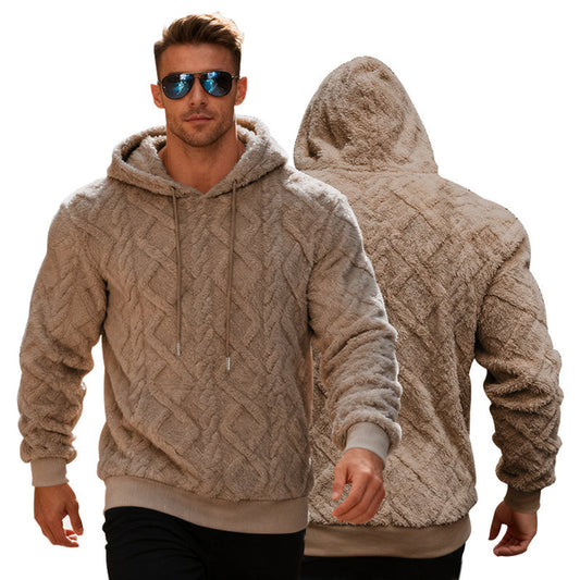 Men's fleece lined hoodie product image showing a loose pullover cut, regular sleeves and solid color design for winter wear.