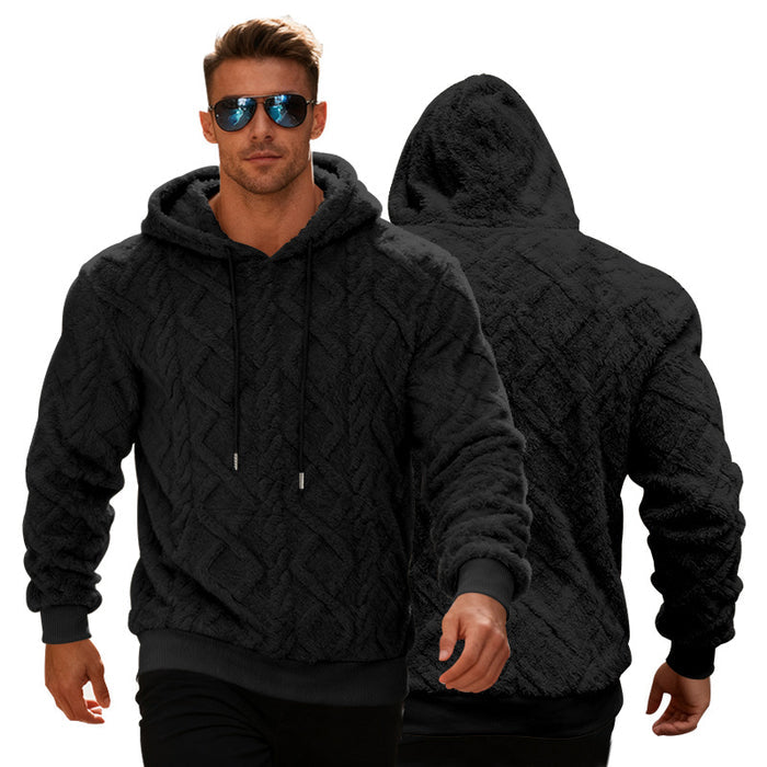 Men's pullover hoodie product image highlighting the fleece lining, solid color finish and loose shape for casual winter wear