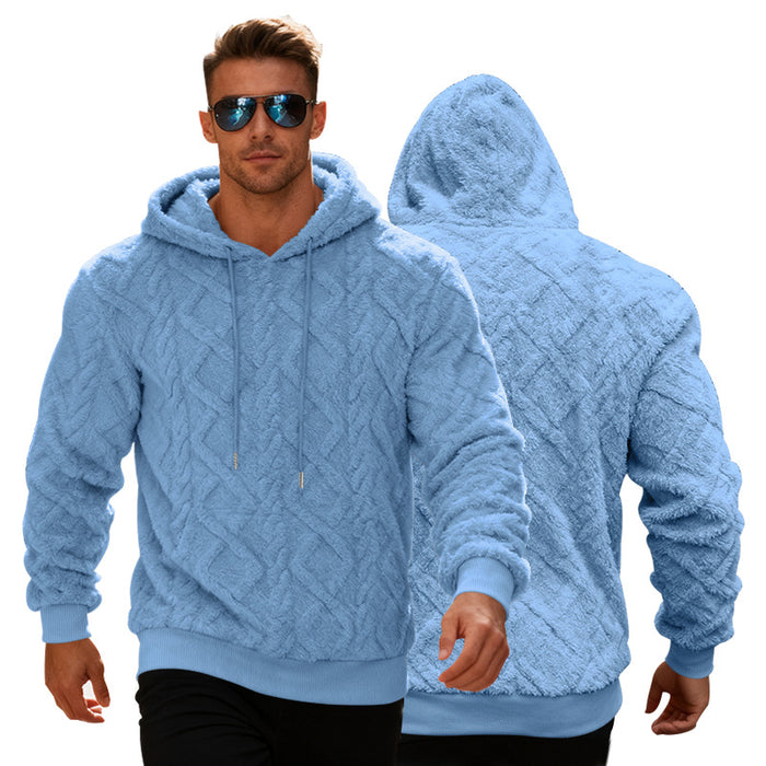 Fleece lined hoodie for men shown as a solid color pullover with regular sleeves and a loose cut for everyday winter outfits.
