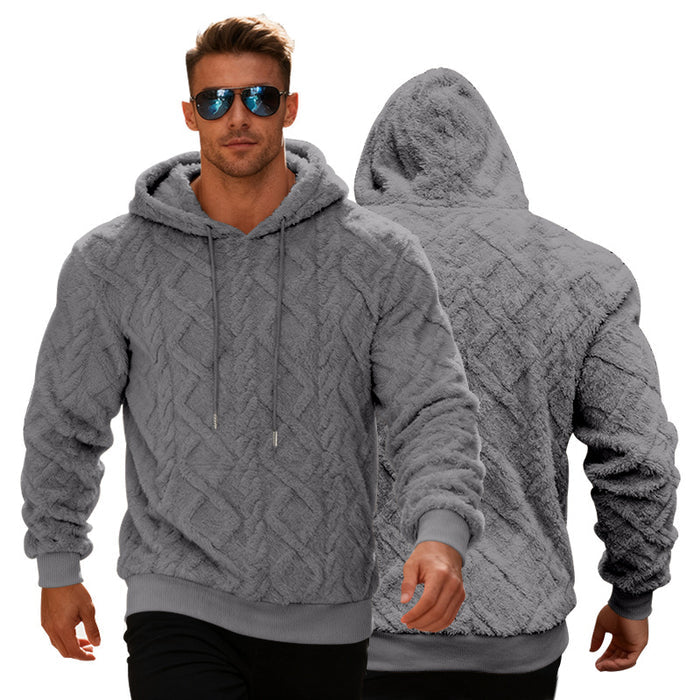 Men's winter hoodie product image showing plush fleece lining, a pullover design and a loose shape for casual daily layering.