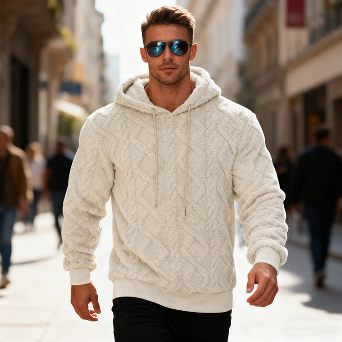 Solid color hoodie for men shown with regular sleeves, plush fleece lining and a loose pullover cut for winter street styles.