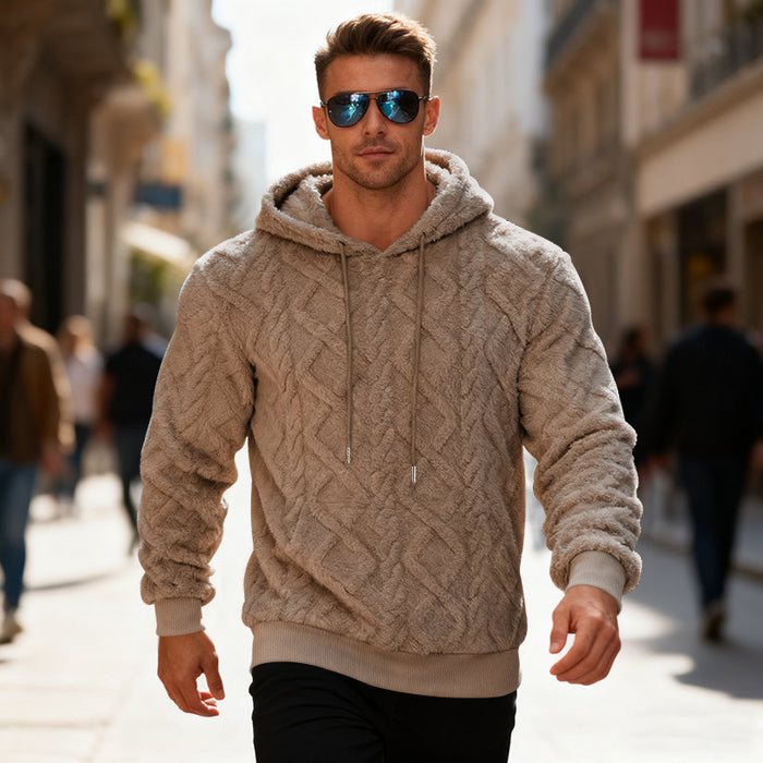 Pullover sweatshirt for men, shown with plush fleece lining, regular sleeves and a loose cut made for relaxed winter styling.
