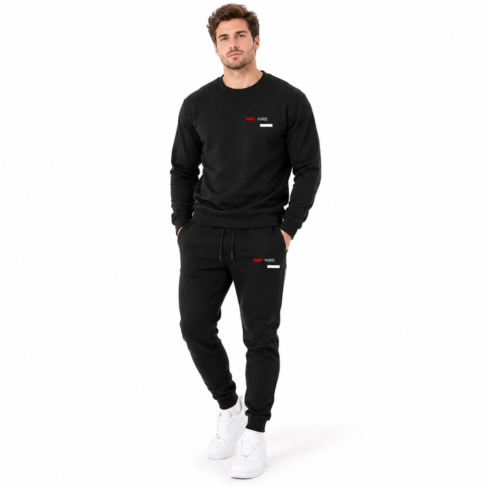 Men's fleece tracksuit with printed hoodie and matching joggers, shown as one coordinated casual set in warm polyester fleece