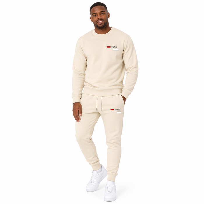Men's fleece tracksuit in apricot with matching hoodie and pants, elastic drawstring waist and pockets for relaxed daily wear