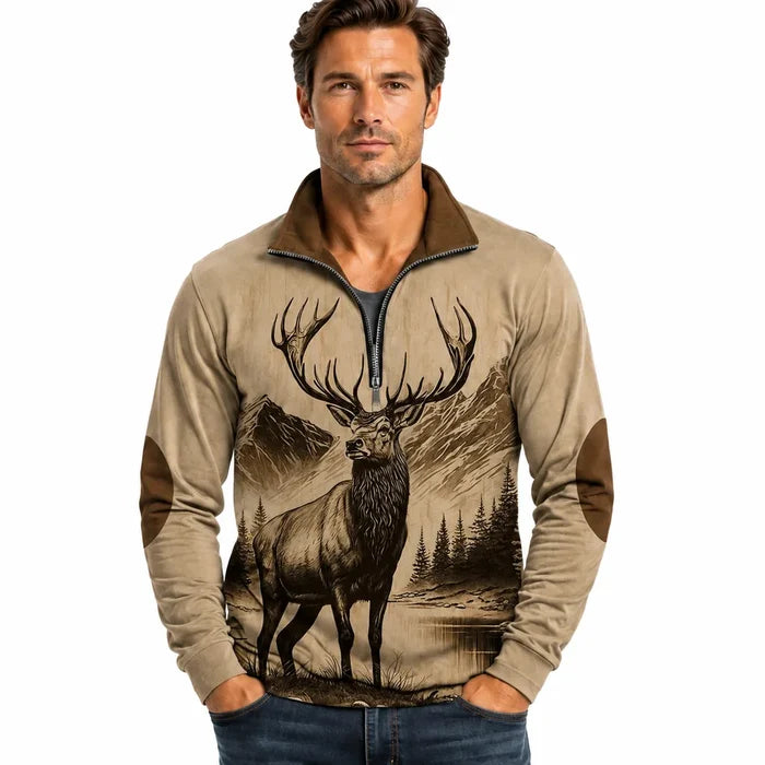 Front close view of the men's Vintage Brown half zip top highlighting the deer mountains, trees and landscape artwork clearly