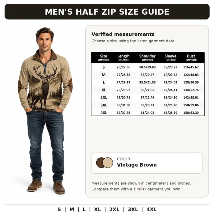 Men's Vintage Brown half zip size guide with one male model and verified S to 4XL garment measurements in cm and inches chart
