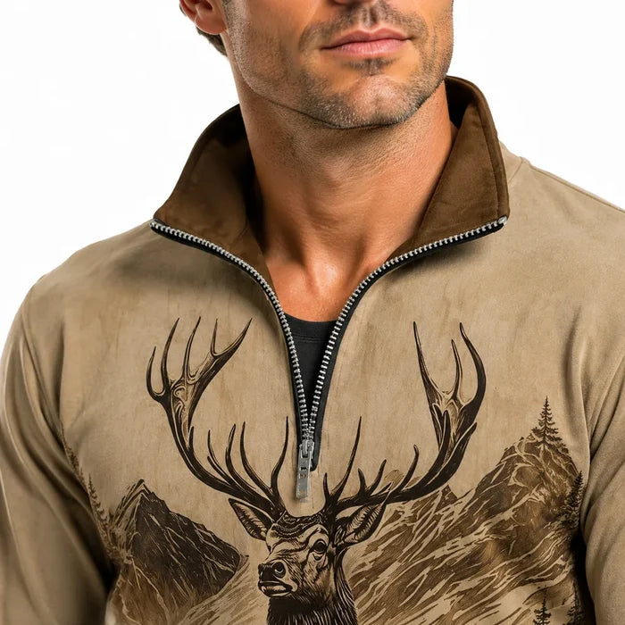 Close view of the half zip collar and zipper on the men's Vintage Brown top, with antler and mountain artwork in sharp detail