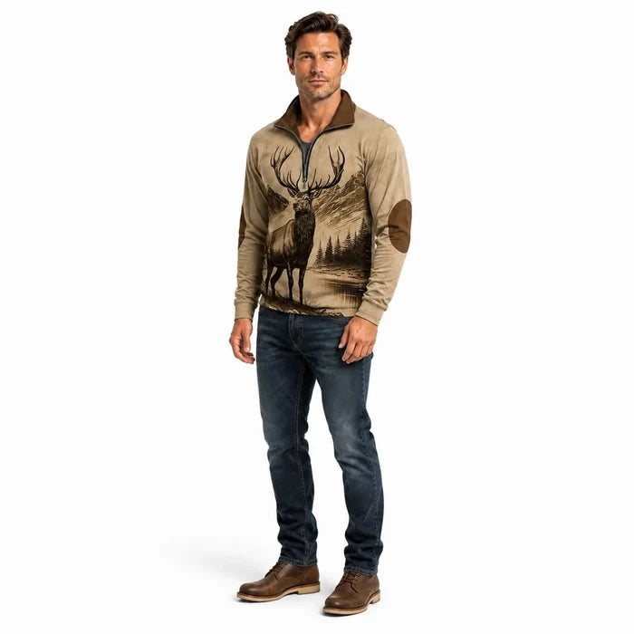 Men's half zip hoodie in Vintage Brown shown at a three-quarter angle on one male model against a clean white studio backdrop
