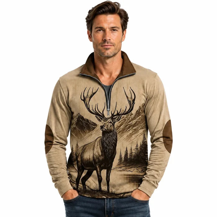 Vintage Brown men's half zip hoodie in a waist-up model view showing the collar zipper, deer print and sleeve design clearly.