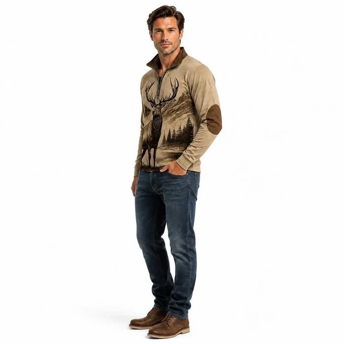 Side angle of the men's Vintage Brown half zip hoodie showing one model, brown elbow patch and visible front artwork on white