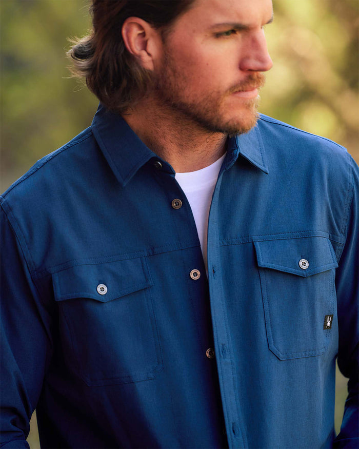 Men's Melange Long Sleeve 2 Pocket Shirt - Estate Blue