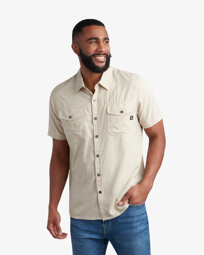 Mens Short Sleeve Mini Check Polo - Khaki