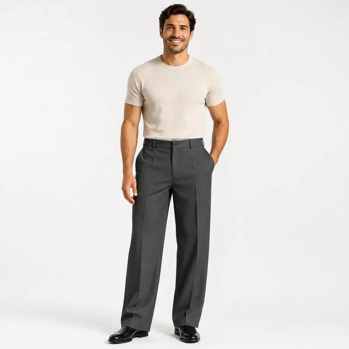 Men's suit pants with breathable straight fit, wrinkle-resistant polyester blend, and diagonal pockets for polished workwear.