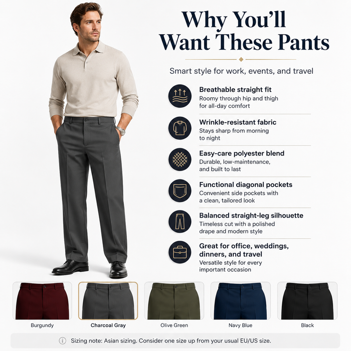 Men's formal suit pants in a straight-leg cut with breathable fabric and useful diagonal pockets for polished office outfits.