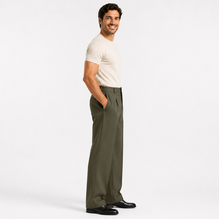 Men's straight fit formal pants made from a lightweight polyester blend for a neat look during workdays, events, and travels.