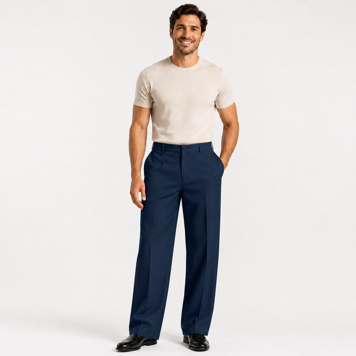 Wrinkle-resistant men's suit pants with diagonal pockets, reinforced stitching and a straight-leg silhouette for formal wear.