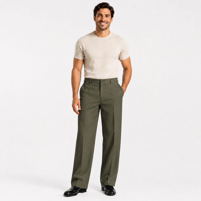 Men's business suit pants with breathable material, easy-care structure, and straight fit styling for polished daily outfits.