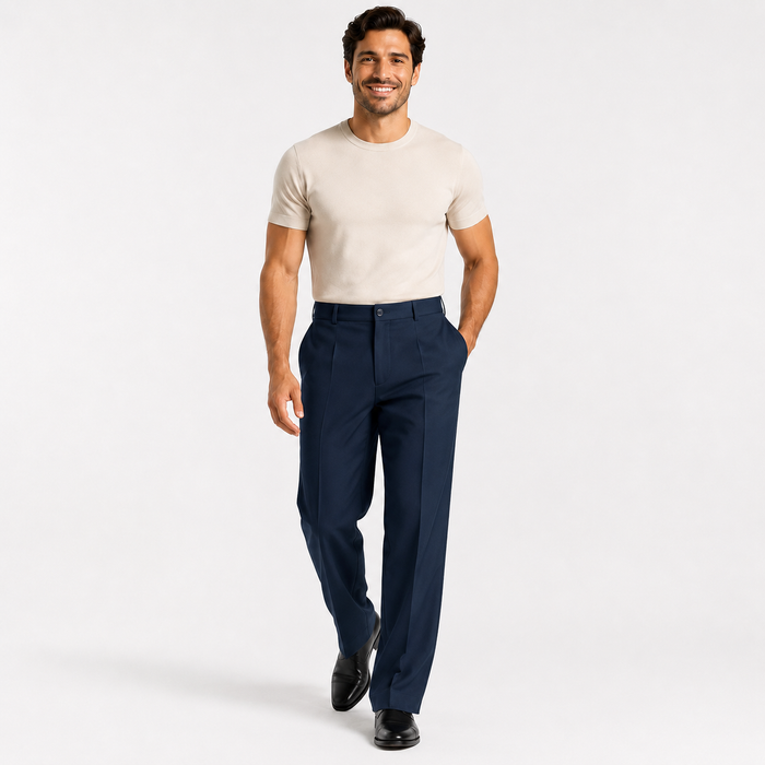 Formal trousers for men with a straight fit, diagonal pockets, and wrinkle-resistant fabric suited for office and event wear.