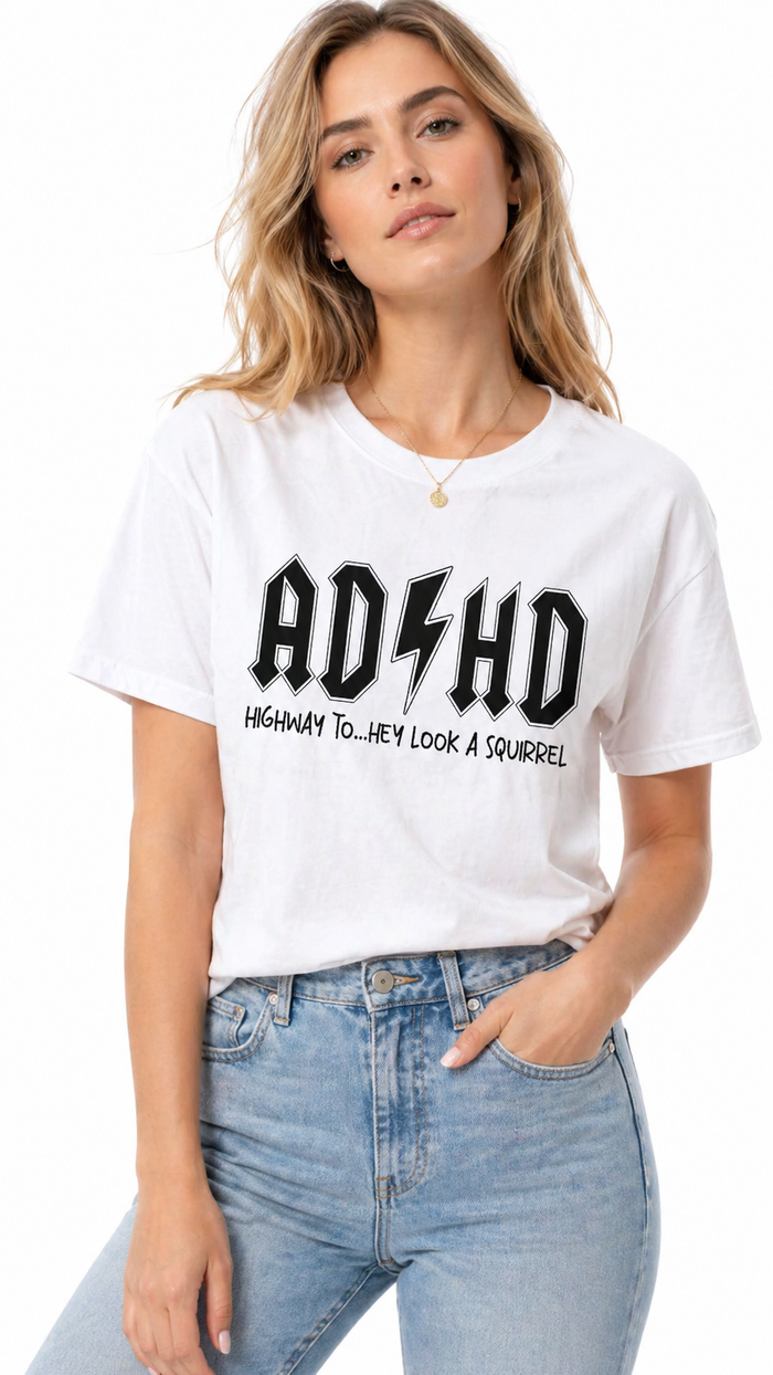 AD/HD graphic cotton tee for women with loose fit and short sleeves on clean studio background