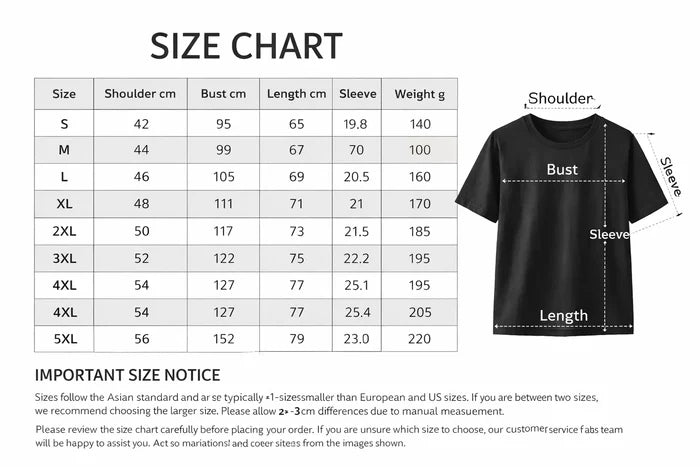 Size chart for a t-shirt with measurements and a black t-shirt illustration.