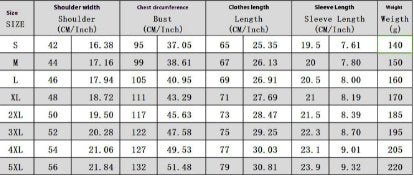 Clothing size chart with shoulder width, chest circumference, waist circumference, length, sleeve length, and height measurements.