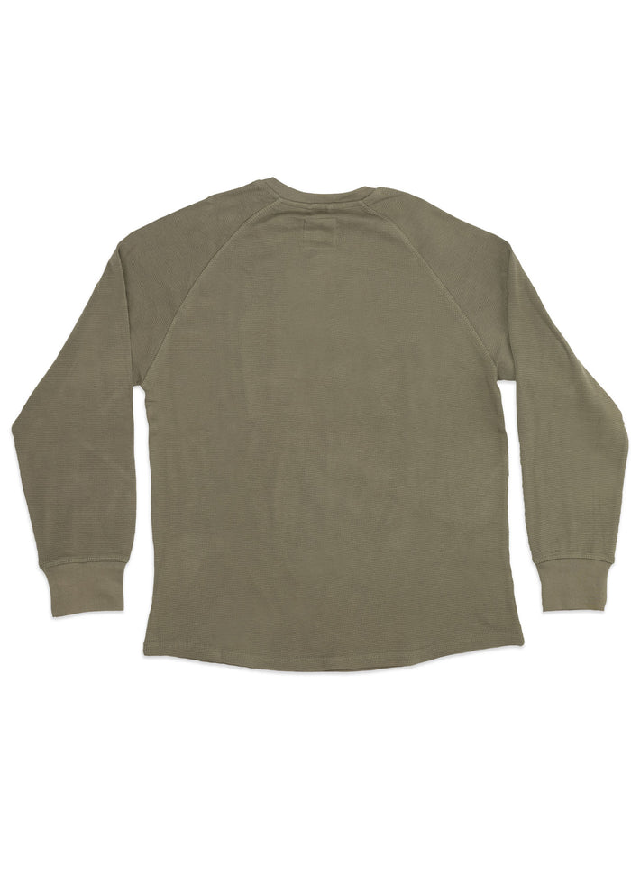 Olive green long-sleeve thermal shirt with a crew neck, displayed flat on a white background, showcasing its simple design.