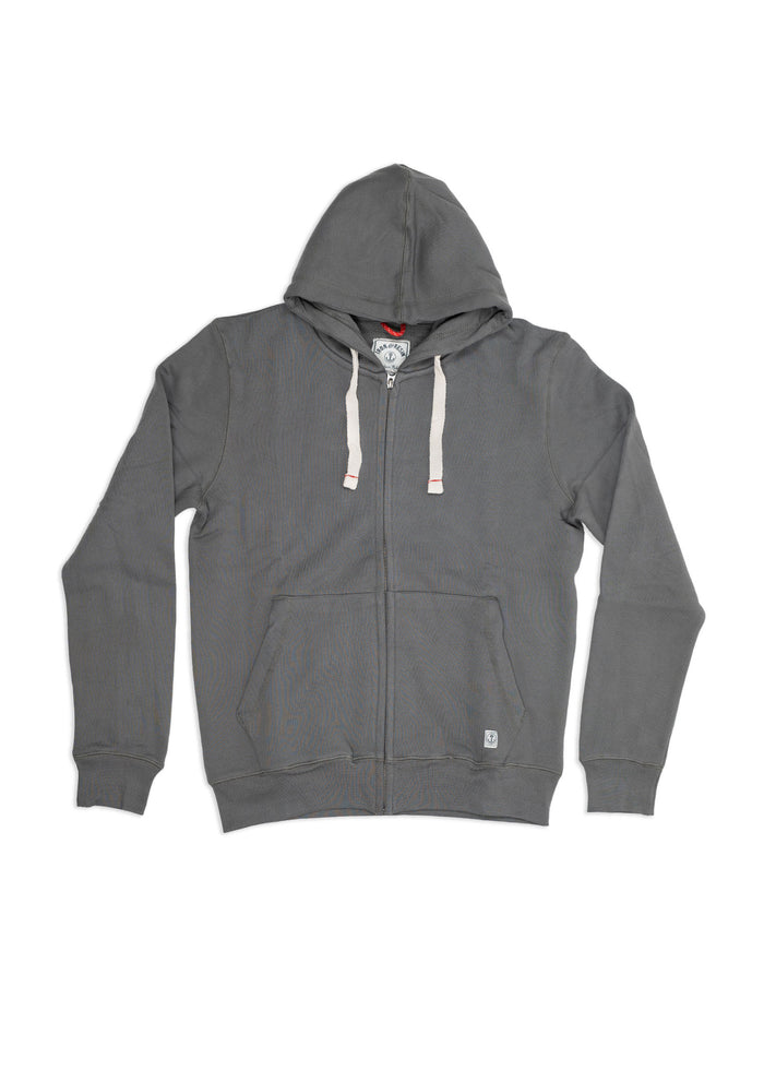 Gray zip-up hoodie with white drawstrings, front pockets, and a hood, laid flat on a white background. Casual and comfortable.