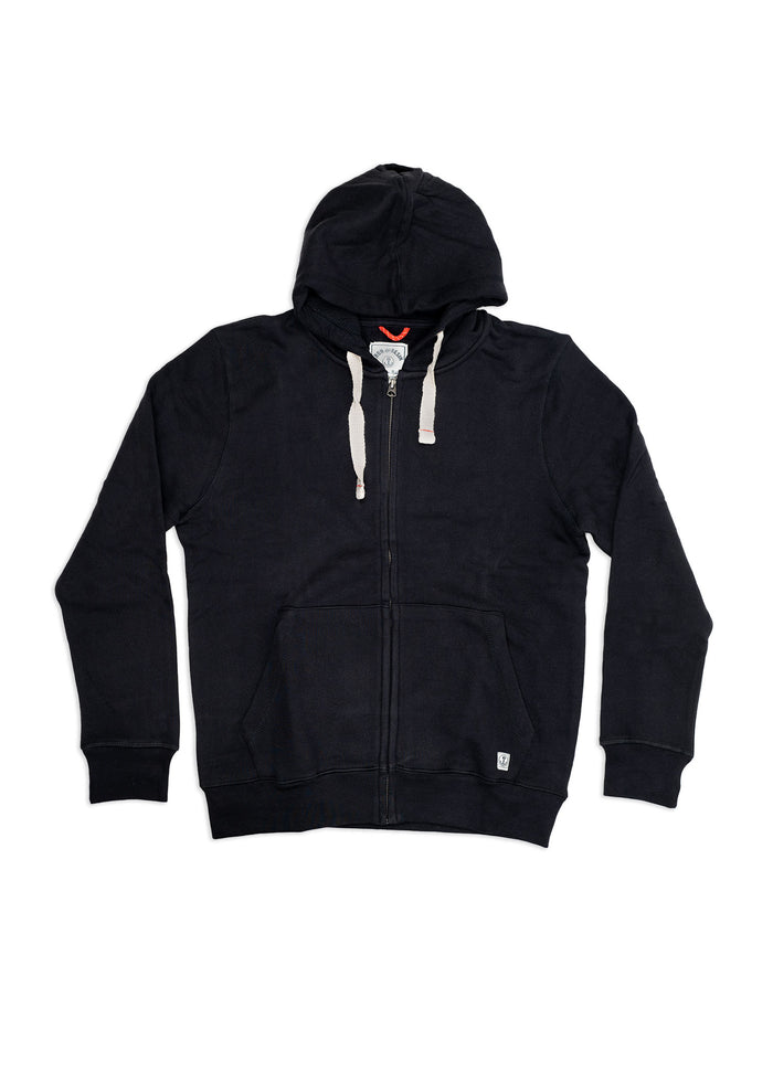 Black zip-up hoodie with drawstrings and front pockets, laid flat. Features a hood and simple design, ideal for casual wear.